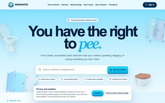 Screenshot of IWANNAPEE — Find Public Restrooms Near You