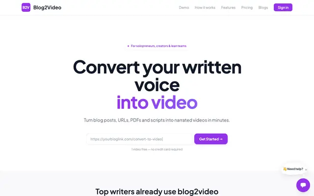 Screenshot of Turn Blog Posts Into Videos | Blog2Video