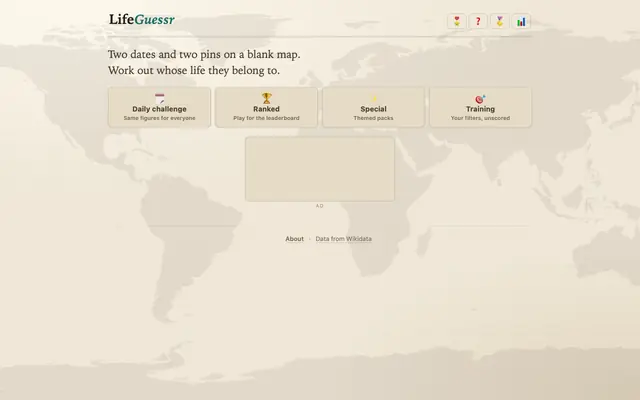 Screenshot of LifeGuessr — guess the historical figure from a map