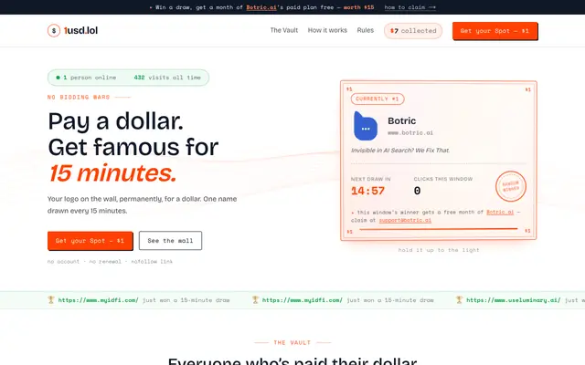 Screenshot of 1usd.lol — The One Dollar Wall