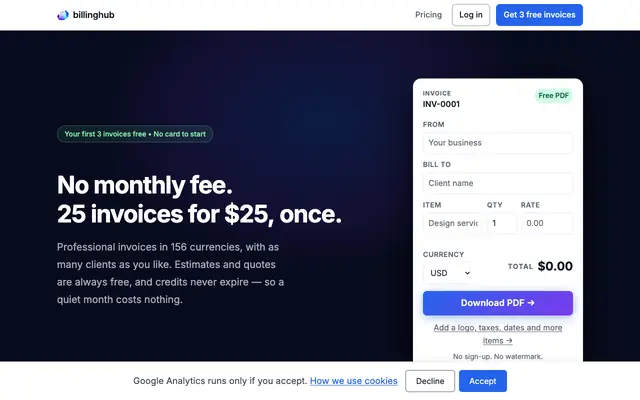Screenshot of BillingHub — Pay per invoice, not per month