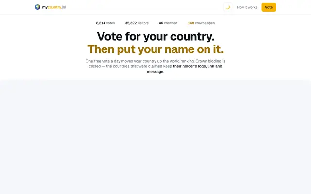 Screenshot of MyCountry — vote for free, take the crown for a bid