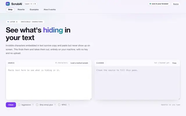 Screenshot of ScrubAI: strip AI watermarks from text