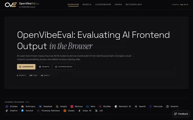 Screenshot of OpenVibeEval: AI Frontend Model & Harness Benchmark