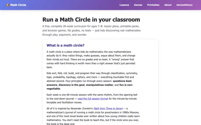 Screenshot of Math Circle — a free 20-week curriculum for curious kids