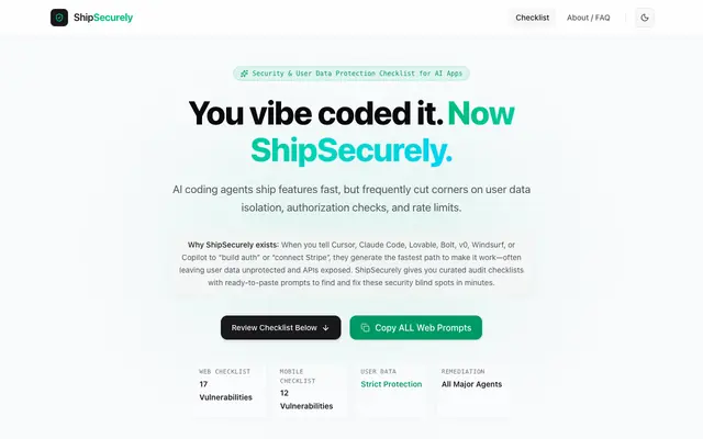 Screenshot of ShipSecurely — Security & User Data Protection Checklist for AI-Generated Apps