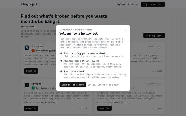 Screenshot of r8myproject - Get your project roasted by founders