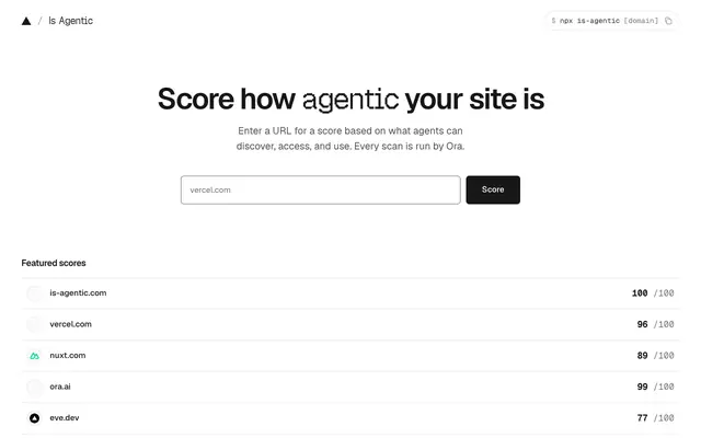 Screenshot of Is Agentic by Vercel — AI Agent Readiness Score