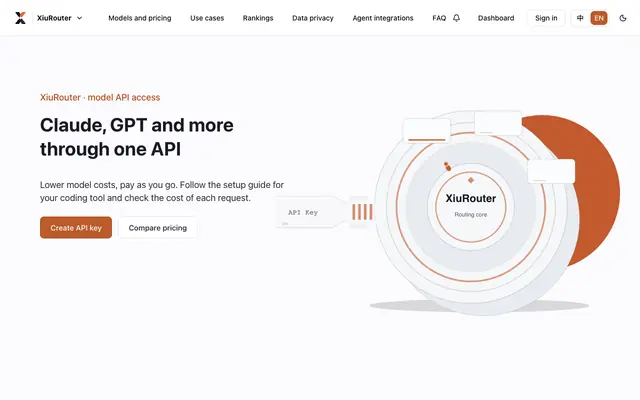Screenshot of XiuRouter — 一个 API 接入 Claude、GPT、Gemini，最高省 90%+