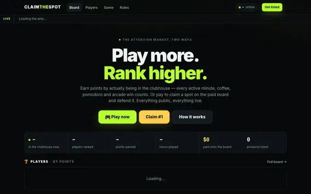 Screenshot of ClaimTheSpot — pay. rank. defend.