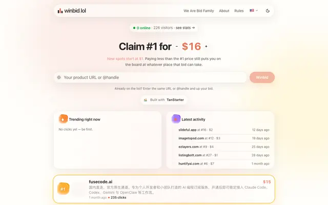 Screenshot of winbid.lol — Pay to Rank #1 Leaderboard for Products & Builders