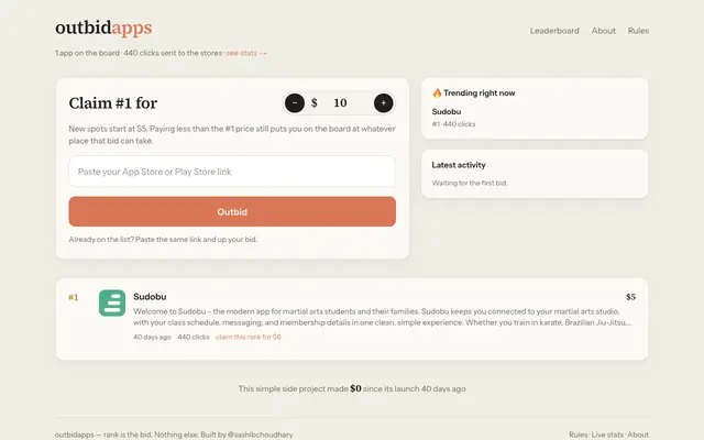 Screenshot of outbidapps — pay to rank your mobile app