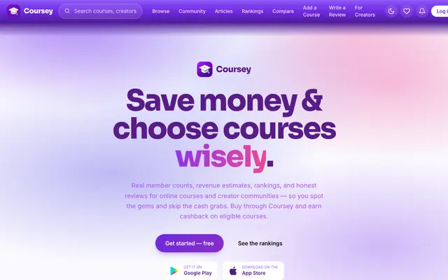 Screenshot of Coursey — Real data & honest reviews for online courses
