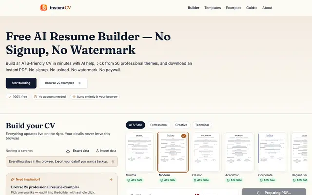 Screenshot of InstantCV — Free AI Resume and CV Builder