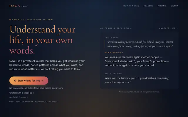 Screenshot of DAWN — A private AI reflection journal for adults