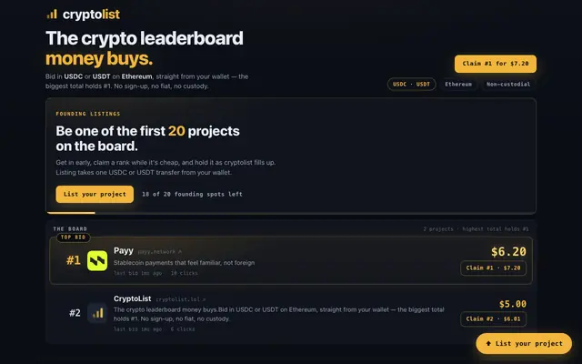 Screenshot of cryptolist — the crypto leaderboard money buys