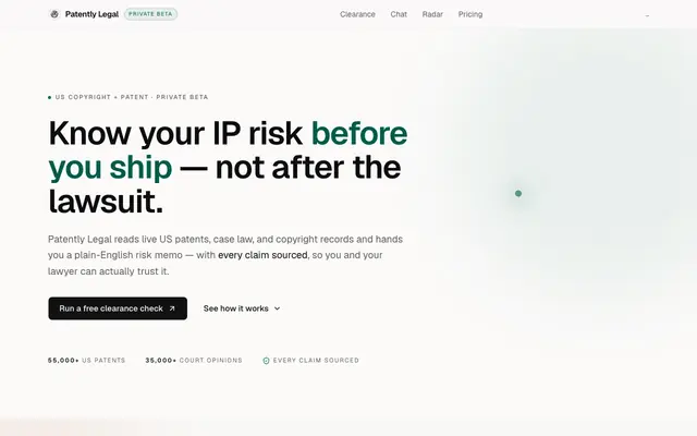 Screenshot of Patently Legal — Copyright + patent research and violations agent