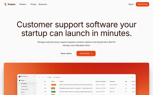 Screenshot of Customer Support Software for Startups · Troppus