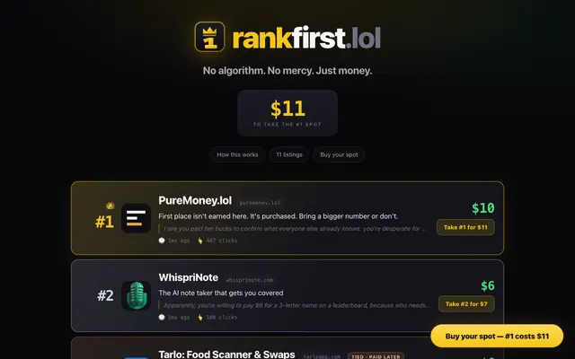 Screenshot of rankfirst.lol — the leaderboard money can buy