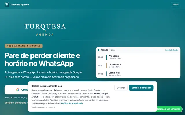 Screenshot of Pare de perder cliente e horário no WhatsApp | Turquesa Agenda