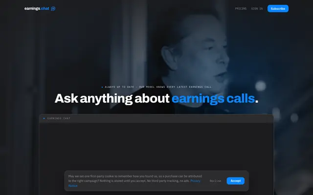 Screenshot of earnings.chat — ask every earnings call a question