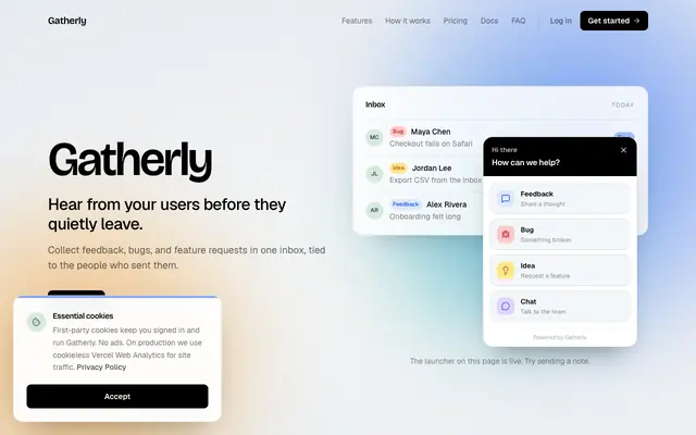 Screenshot of Gatherly, Hear from your users before they quietly leave