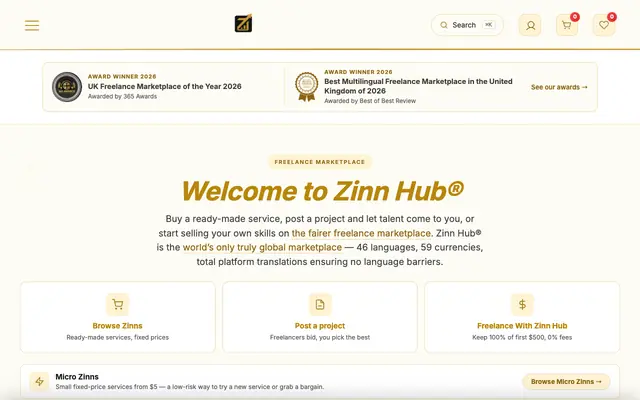 Screenshot of Zinn Hub | Freelance Digital Services Marketplace | Low Fees, Instant Payouts