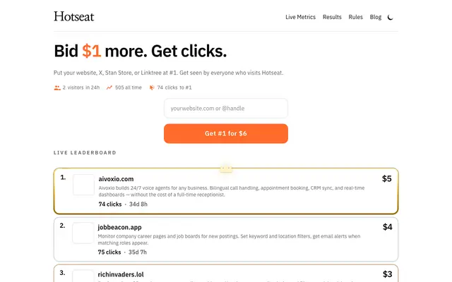 Screenshot of HOTSEAT — Claim the #1 Spot