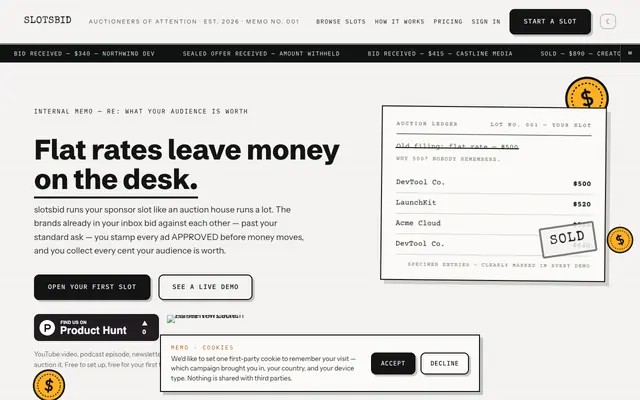 Screenshot of slotsbid — auction your sponsor slots