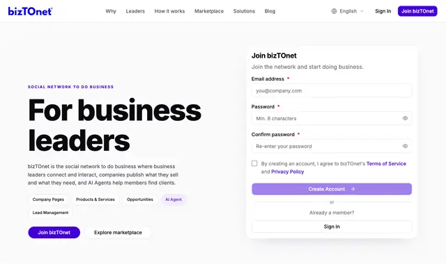 Screenshot of bizTOnet — Find clients | Social network to do business