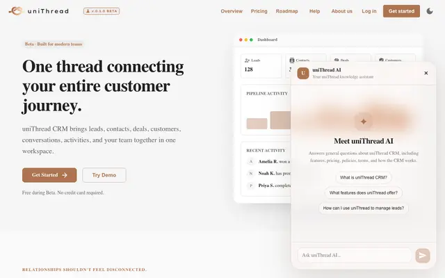 Screenshot of uniThread CRM | Connects with people