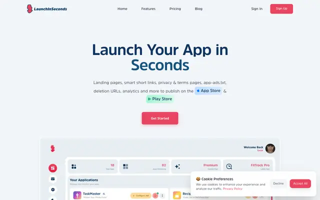 Screenshot of App Landing Pages & Analytics for Serial Apps Launchers | Delete Account URL, ap