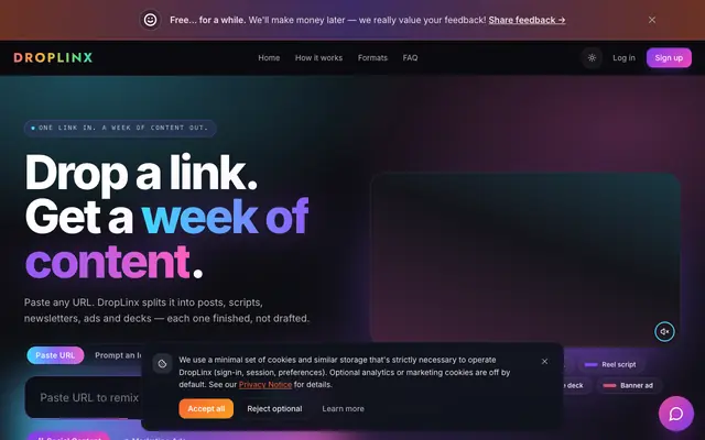 Screenshot of DropLinx — Drop a link. Get a week of content.