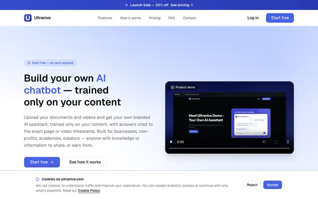 Screenshot of Ultranivo — Build your own AI chatbot, trained on your own content