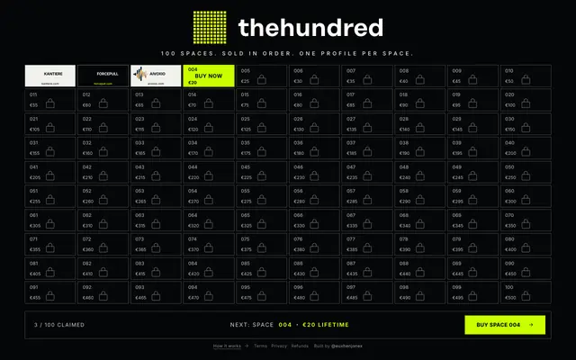 Screenshot of thehundred — 100 spaces, sold in order