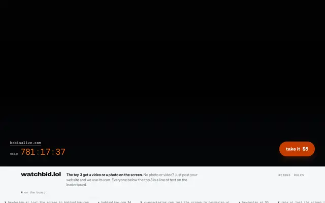 Screenshot of watchbid.lol — buy the top screen
