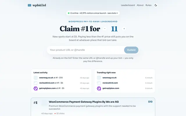 Screenshot of wpbid.lol — WordPress pay-to-rank leaderboard