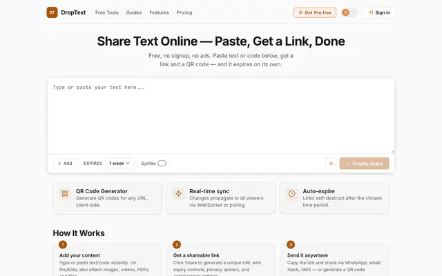 Screenshot of DropText — Share Text, Code & Files Online