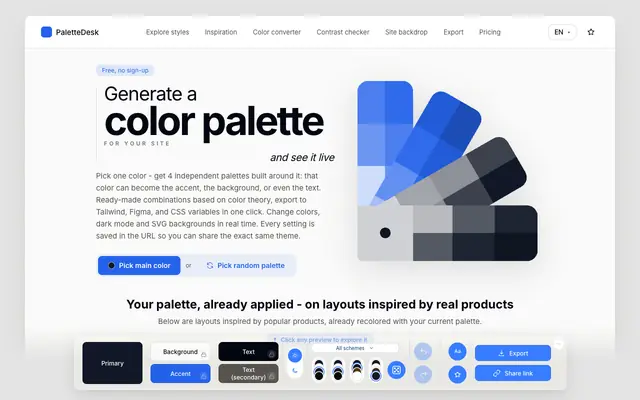 Screenshot of Color Palette Generator Online | PaletteDesk