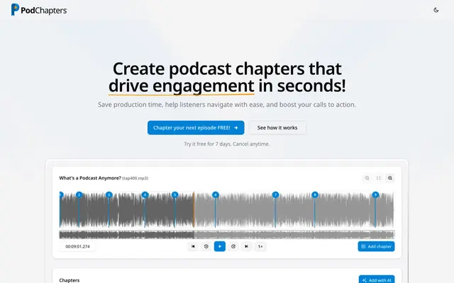 Screenshot of PodChapters - Podcast Chapters with the power of AI