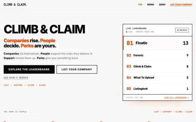 Screenshot of Climb & Claim — Companies Climb. People Decide. Perks Get Claimed.