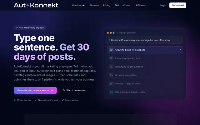 Screenshot of AutoKonnekt — Turn One Sentence Into 30 Days of Social Media Posts