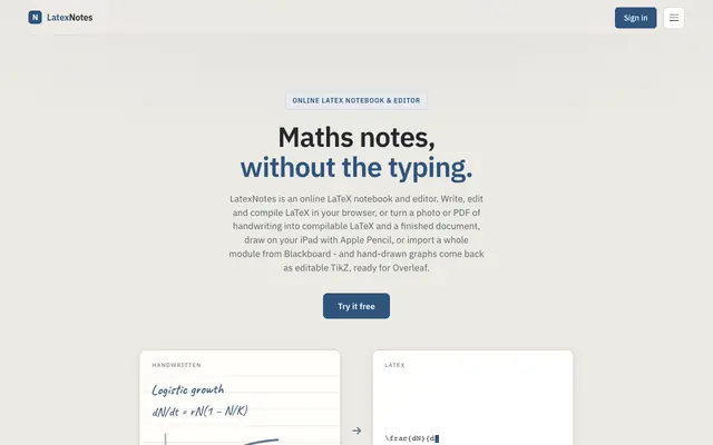 Screenshot of LatexNotes: handwritten maths, perfectly typeset in LaTeX