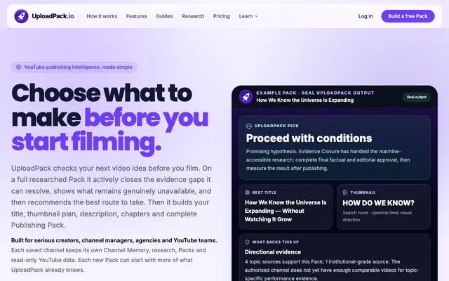 Screenshot of UploadPack: YouTube Publishing Intelligence Software