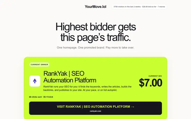Screenshot of YourMove.lol — Highest bidder gets this page’s traffic