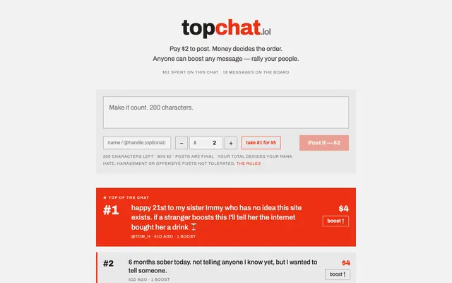 Screenshot of topchat.lol — money talks