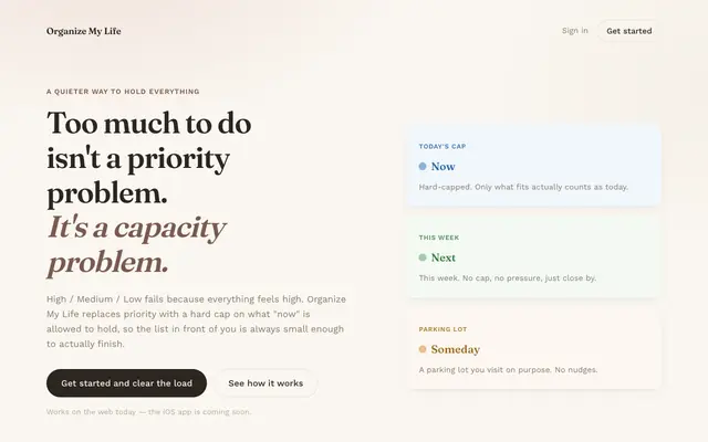 Screenshot of Organize My Life — A quieter way to hold everything