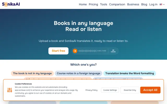 Screenshot of SonikaAI — books in any language: read or listen