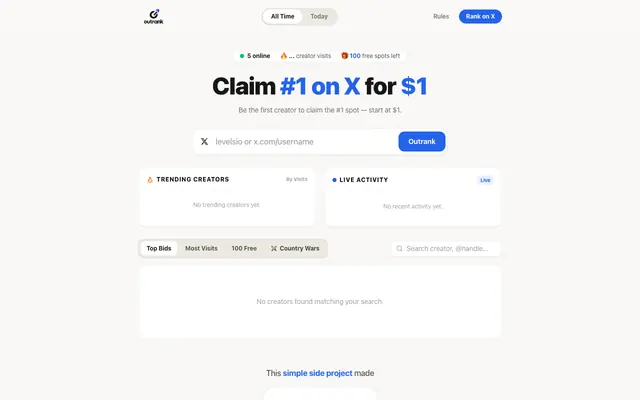 Screenshot of Outrank — Pay to climb, get noticed, and outrank the competition.
