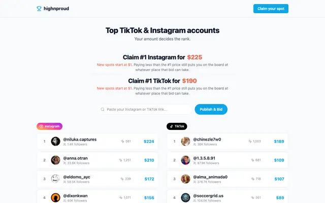 Screenshot of highnproud — pay to be #1